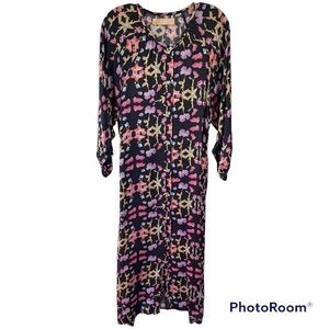 CALI By Cali Dreaming Abstract Floral puffy sleeves button down silky maxi dress
